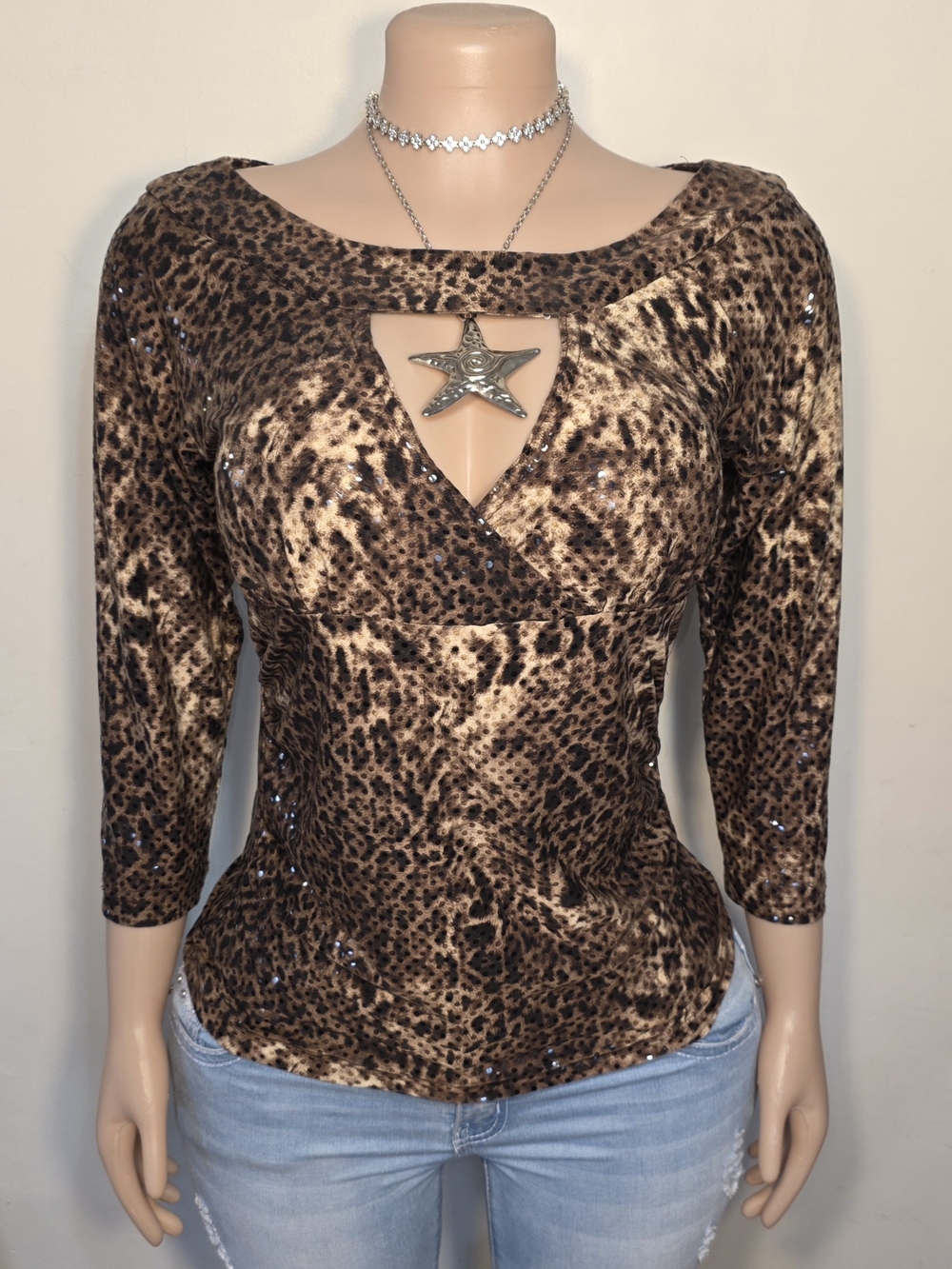 SNO SKINS Brown Leopard Cutout Long Sleeve Women's Top